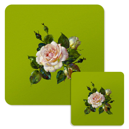Specialty Mousepad and Coaster Bundle - Square - White Rose