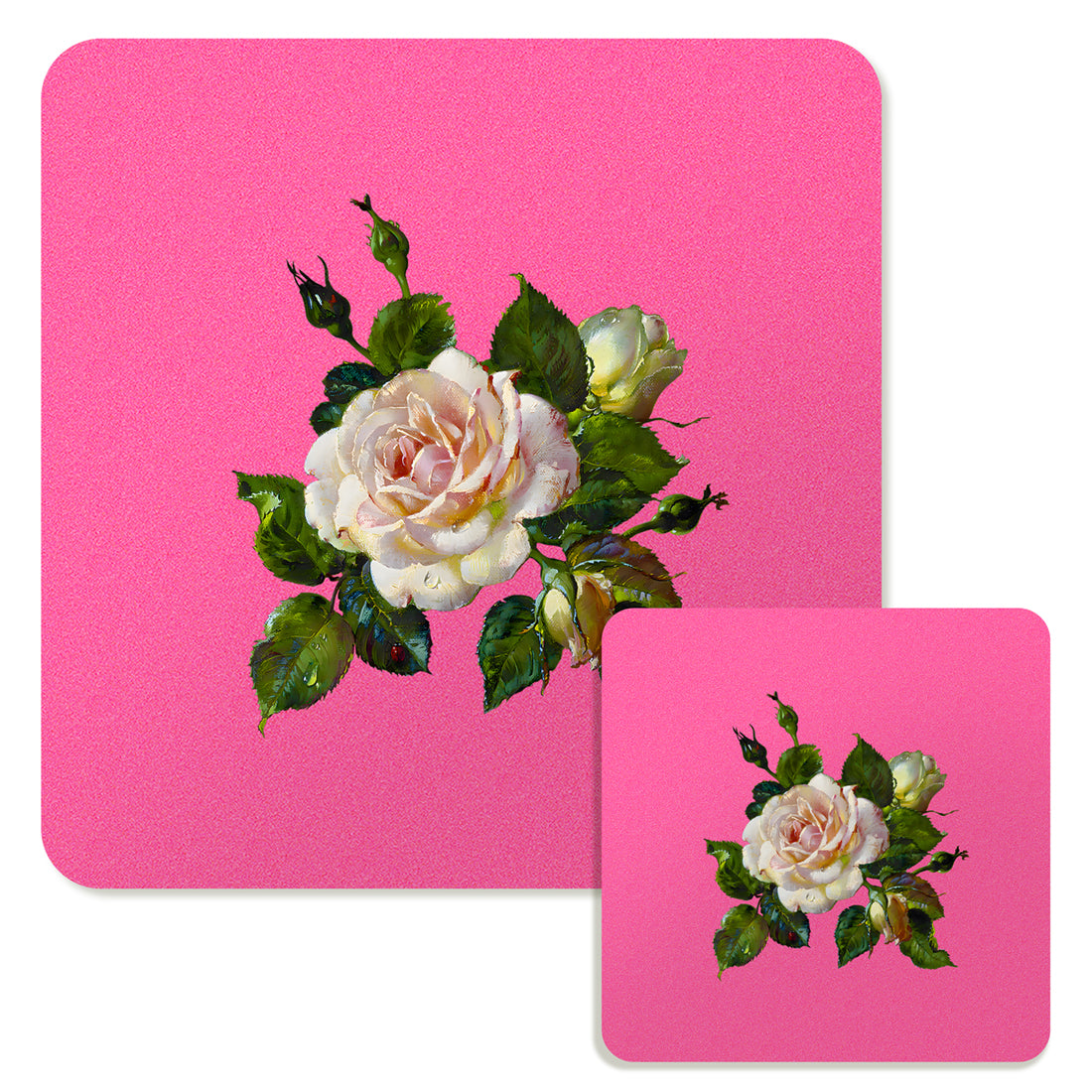 Specialty Mousepad and Coaster Bundle - Square - White Rose