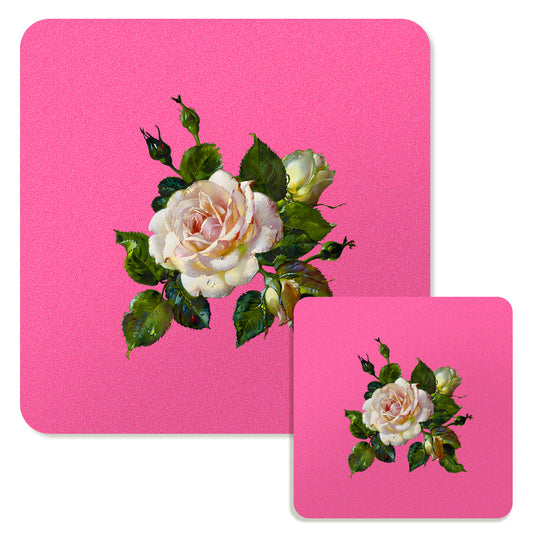 Specialty Mousepad and Coaster Bundle - Square - White Rose
