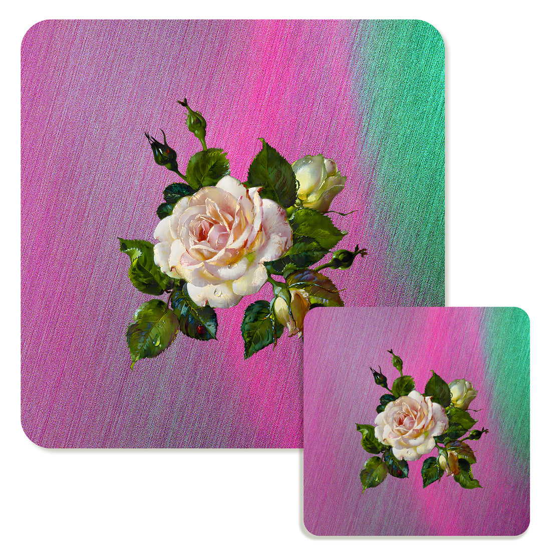 Specialty Mousepad and Coaster Bundle - Square - White Rose