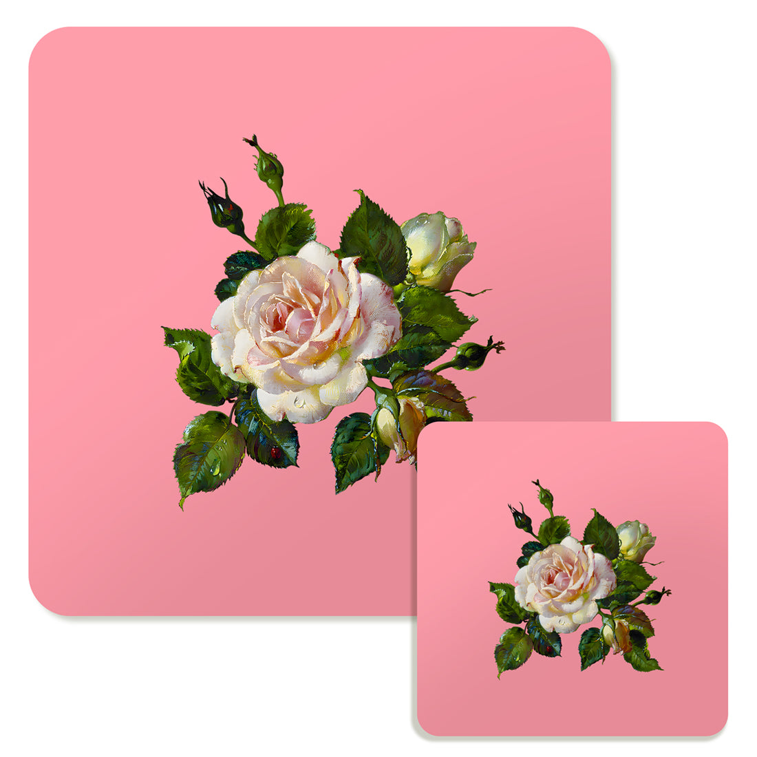 Specialty Mousepad and Coaster Bundle - Square - White Rose