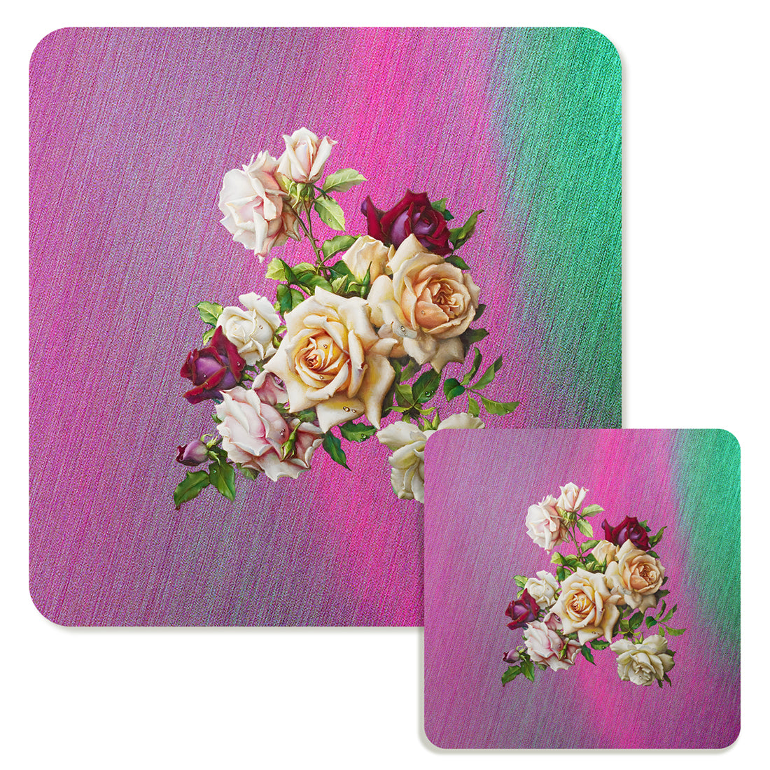 Specialty Mousepad and Coaster Bundle - Square - White Rose Bouquet