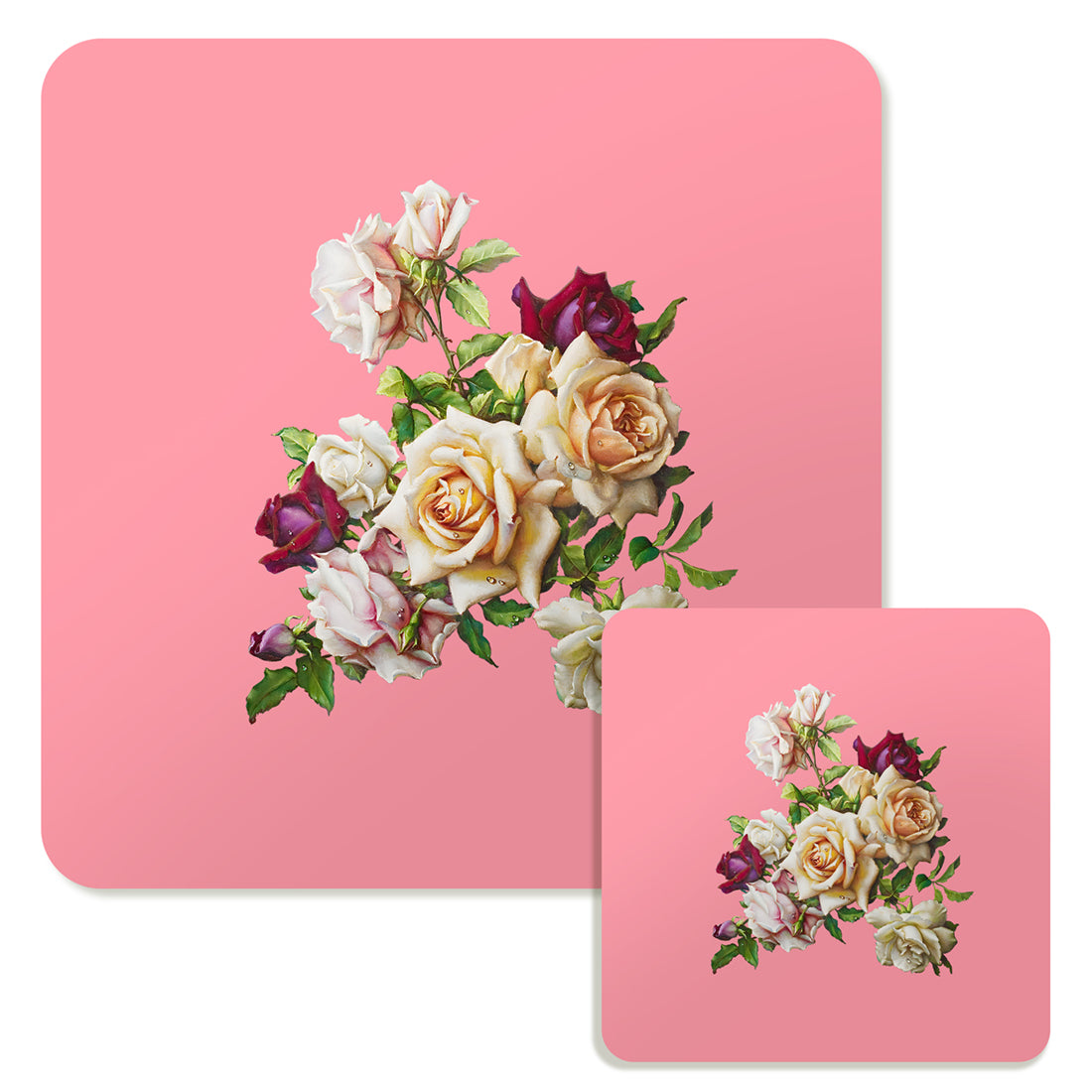 Specialty Mousepad and Coaster Bundle - Square - White Rose Bouquet