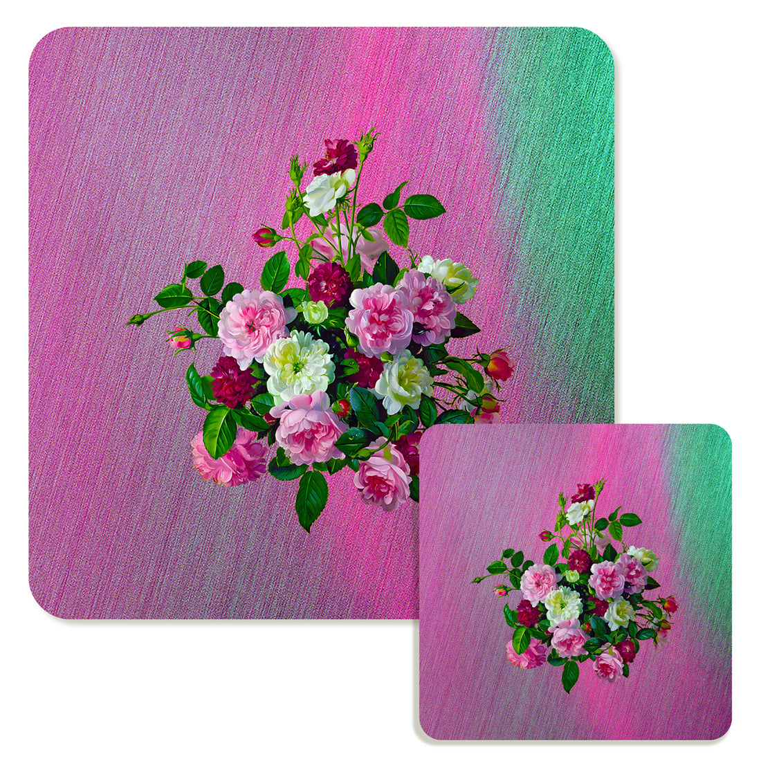 Specialty Mousepad and Coaster Bundle - Square - Pink and White Bouquet