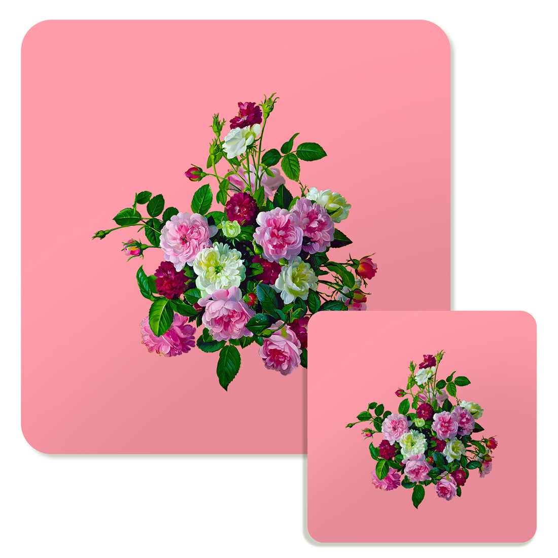 Specialty Mousepad and Coaster Bundle - Square - Pink and White Bouquet